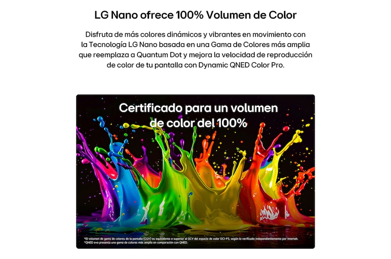 LG QNED AI QNED74 Mini LED with Dynamic QNED Color fills the screen with vivid, fluid bursts of multicolored, paint-like motion, showcasing enhanced color vibrancy certified for 100% Color Volume.